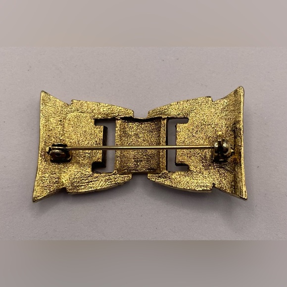 Vintage Sparkling Faceted Crystal Brooch Pin Antiqued Gold Tone Bow Design - Picture 6 of 8